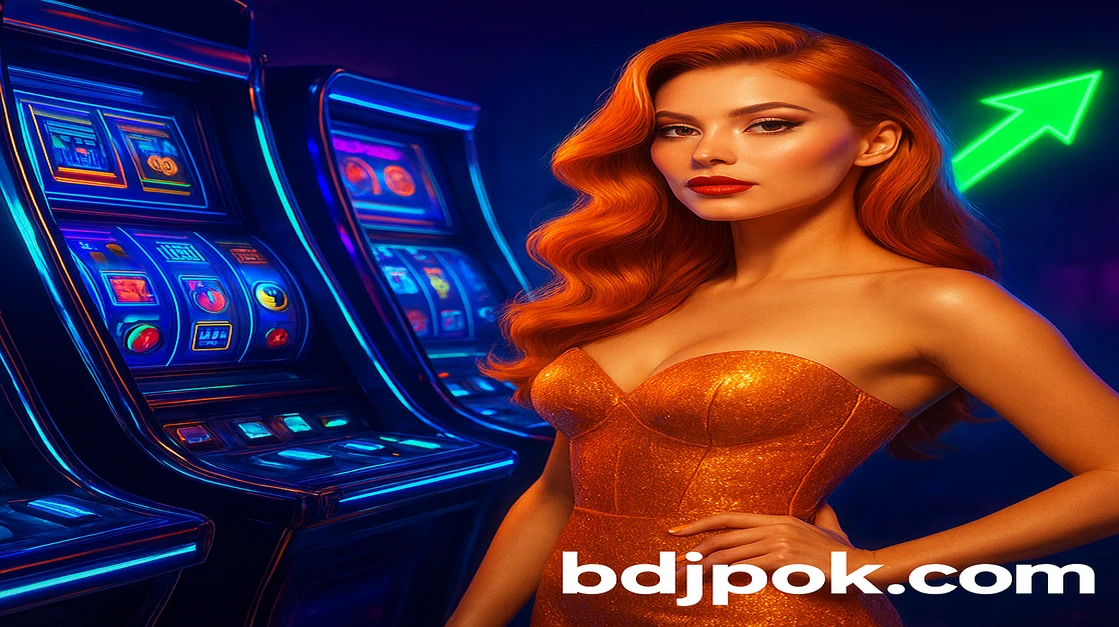 খরগোশের কানের সাথে এক নারী jpok গেমিং প্ল্যাটফর্ম অ্যাপে আরকেড গেমের সামনে খেলছেন, বড় জয় ও লাভের সূচক হিসেবে উঁচু হচ্ছে সবুজ তীর।