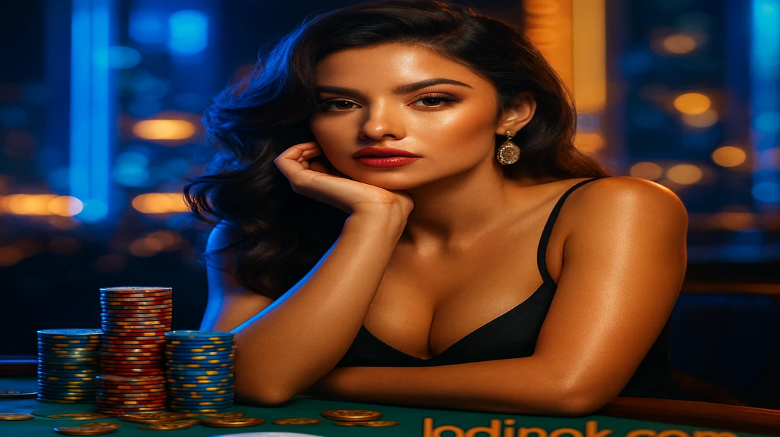 jpok লাইভ গেমিং-এ একটি সুন্দর ডিলার একটি গেম টেবিলে আপনাকে ১০০% স্বাগত বোনাসসহ খেলার আমন্ত্রণ জানাচ্ছেন, তার চারপাশে চিপস ও ভাসমান সোনা কয়েন ছড়িয়ে রয়েছে।