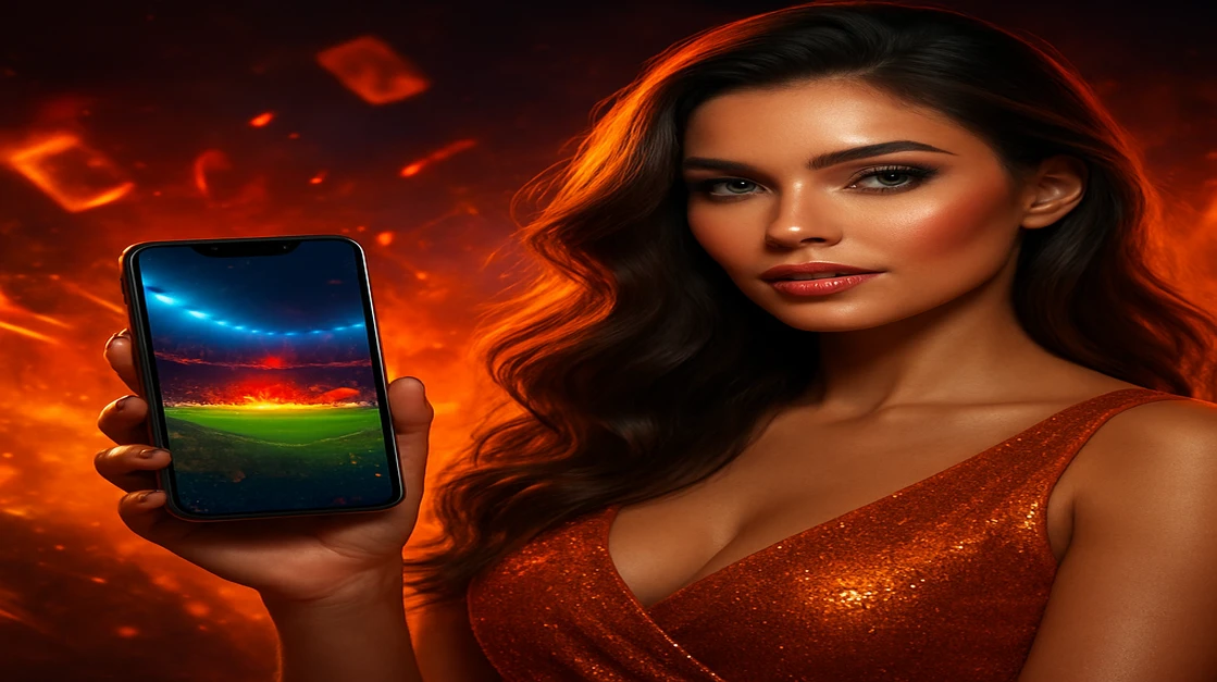 একটি সুন্দর নারী jpok অ্যাপ দেখানো একটি ফোন ধরে স্ক্রিনে স্টেডিয়াম দেখা যাচ্ছে, চারদিকে জ্বলন্ত আবহাওয়ায় উড়ন্ত খেলার কার্ডগুলো ছড়িয়ে আছে।